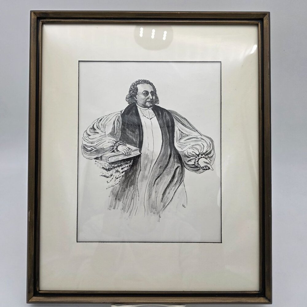 Framed Black & White Samuel Seabury Illustration Original Wooden Frame 11.5"x14"